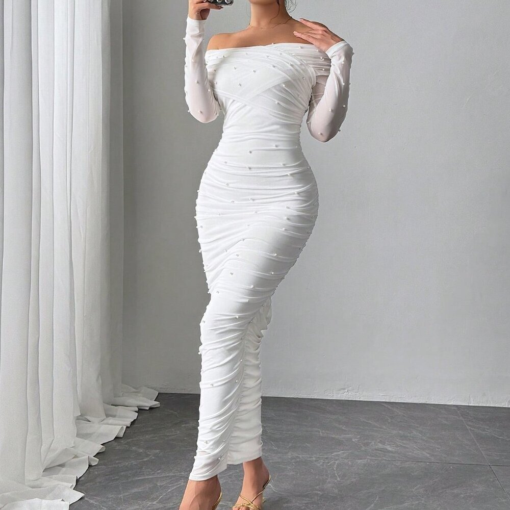 White Elegant Women's Open Shoulder Ruched Maxi Dress with Pearl Decor - Picture 6 of 8